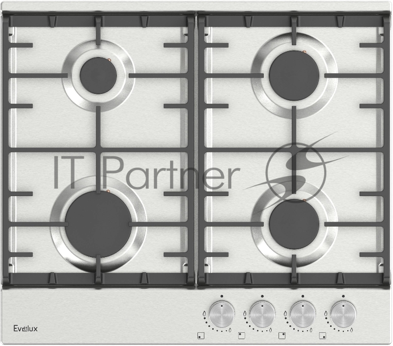 Варочная панель газовая Evelux HEG600X, 60 см, 4 конфорки: экономичная конфорка (0,9 кВт), 2 стандартных конфорки (2х1,7 кВт), экспресс-конфорка (2,9 кВт), газ-контроль, электроподжиг, нержавеющая сталь, чугунные решетки, поворотные переключатели, ко