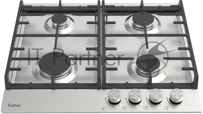 Варочная панель газовая Evelux HEG600X, 60 см, 4 конфорки: экономичная конфорка (0,9 кВт), 2 стандартных конфорки (2х1,7 кВт), экспресс-конфорка (2,9 кВт), газ-контроль, электроподжиг, нержавеющая сталь, чугунные решетки, поворотные переключатели, ко