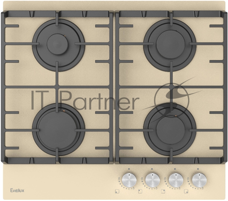 Варочная панель газовая Evelux HEG600IG, 60 см, 4 конфорки: экономичная конфорка (0,9 кВт), 2 стандартных конфорки (2х1,7 кВт), экспресс-конфорка (2,9 кВт), электроподжиг, бежевое высокопрочное закаленное стекло, чугунные решетки, поворотные переключ