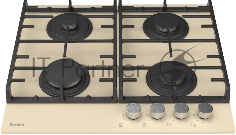 Варочная панель газовая Evelux HEG600IG, 60 см, 4 конфорки: экономичная конфорка (0,9 кВт), 2 стандартных конфорки (2х1,7 кВт), экспресс-конфорка (2,9 кВт), электроподжиг, бежевое высокопрочное закаленное стекло, чугунные решетки, поворотные переключ