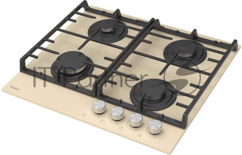 Варочная панель газовая Evelux HEG600IG, 60 см, 4 конфорки: экономичная конфорка (0,9 кВт), 2 стандартных конфорки (2х1,7 кВт), экспресс-конфорка (2,9 кВт), электроподжиг, бежевое высокопрочное закаленное стекло, чугунные решетки, поворотные переключ