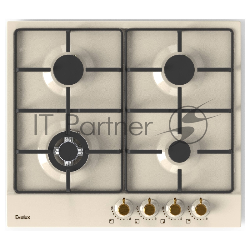 Варочная панель газовая Evelux HEG650IR, retro, 60 см, 4 конфорки: экономичная конфорка (0,95 кВт), 2 стандартных конфорки (2х1,7 кВт), ВОК конфорка (2,5 кВт), газ-контроль, электроподжиг, бежевая эмаль, поворотные переключатели, комплект форсунок-п