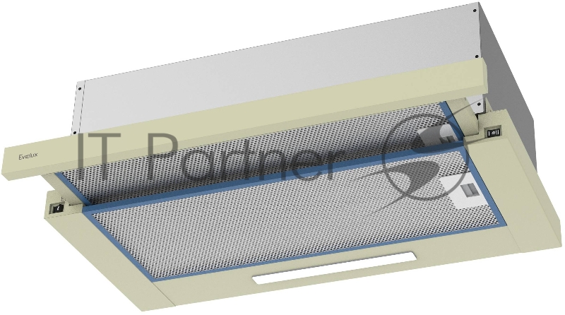 Встраиваемая телескопическая вытяжка, 60 см, отвод/циркуляция, механический контроль, 2 скорости работы, производительность 670 м3/ч, LED освещение, металл, бежевый, 598х305-495х201 мм.