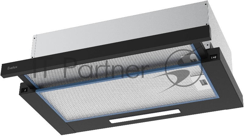 Встраиваемая телескопическая вытяжка, 60 см, отвод/циркуляция, механический контроль, 2 скорости работы, производительность 670 м3/ч, LED освещение, металл, черный, 598х305-495х201 мм.