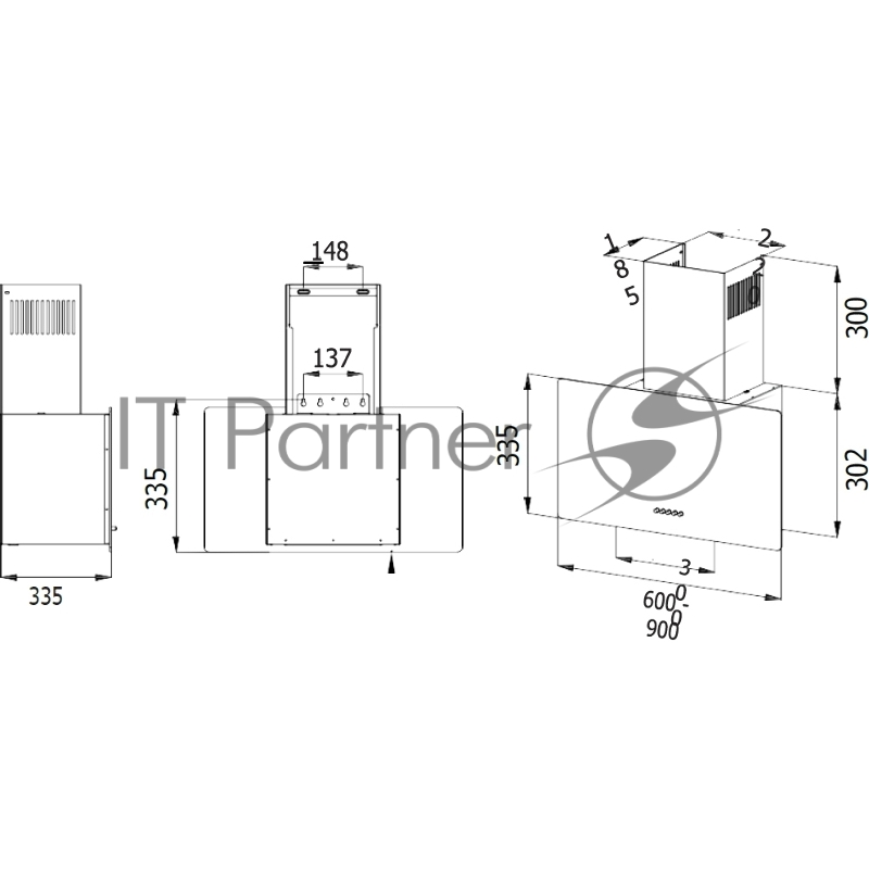 Навесная вытяжка, 60 см, механический контроль, 3 скорости работы, производительность 890 м3/ч, LED освещение, черный, металл, стекло, 600х335х335-602 мм.
