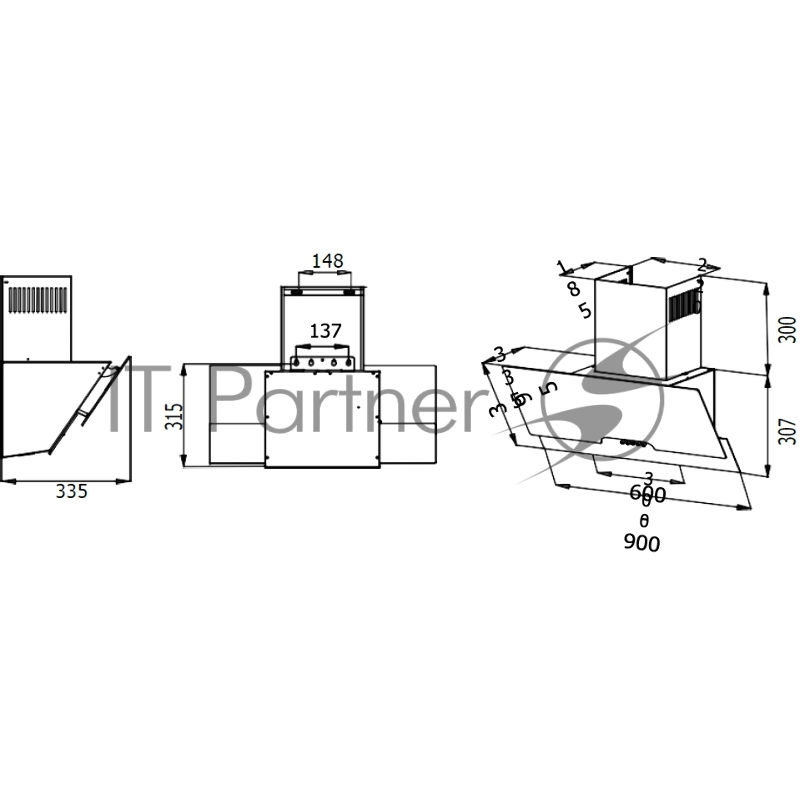 Наклонная вытяжка, 60 см, механический контроль, 3 скорости работы, производительность 900 м3/ч, LED освещение, белый, металл, стекло, 600х335х395-607 мм.