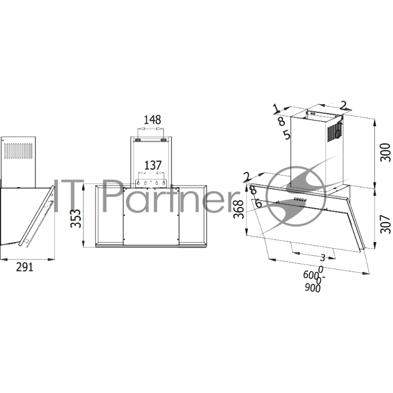 Наклонная вытяжка, 60 см, механический контроль, 3 скорости работы, производительность 900 м3/ч, LED освещение, черный, металл, стекло, 600 x 291х368-607 мм.