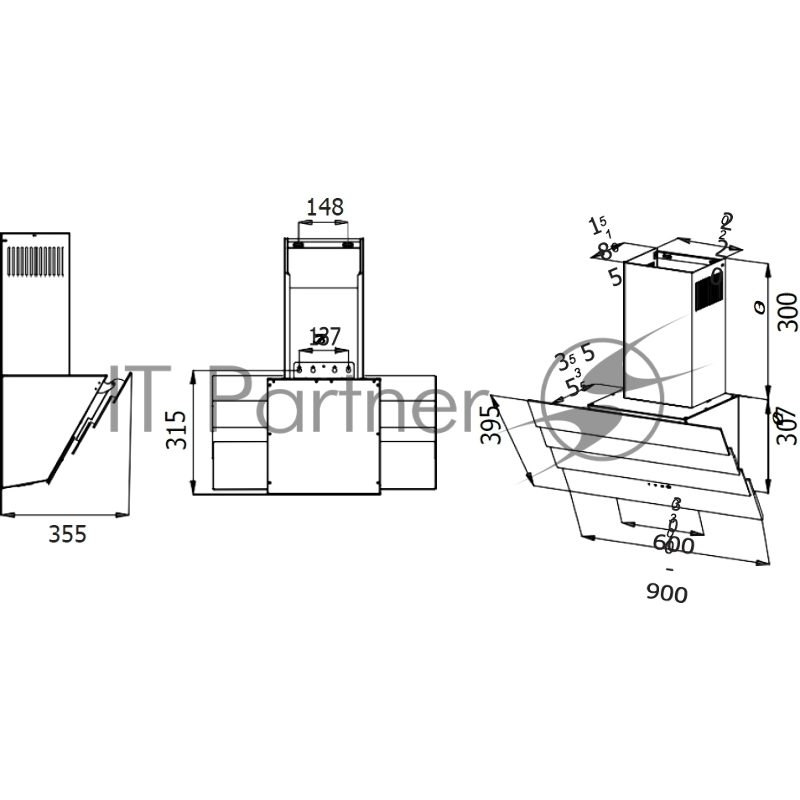 Наклонная вытяжка, 60 см, электронное управление, сенсорная панель, 3 скорости работы, производительность 920 м3/ч, LED освещение, белый, металл, стекло, 600х355х395-607 мм.