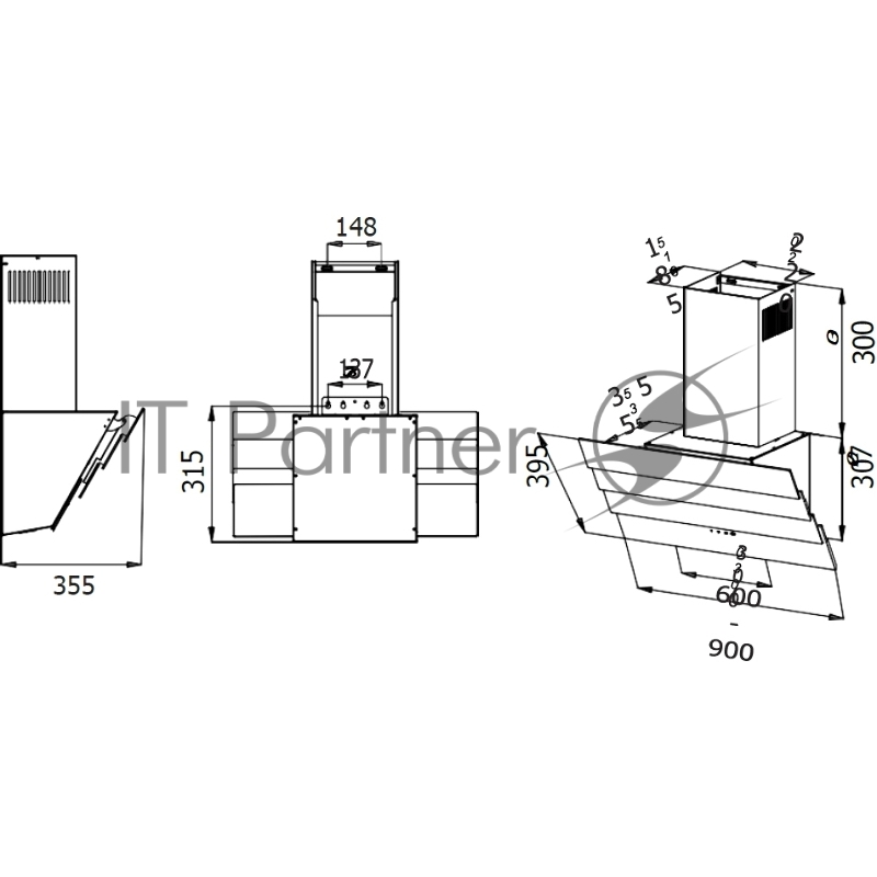 Наклонная вытяжка, 60 см, электронное управление, сенсорная панель, 3 скорости работы, производительность 920 м3/ч, LED освещение, черный, металл, стекло, 600х355х395-607 мм.