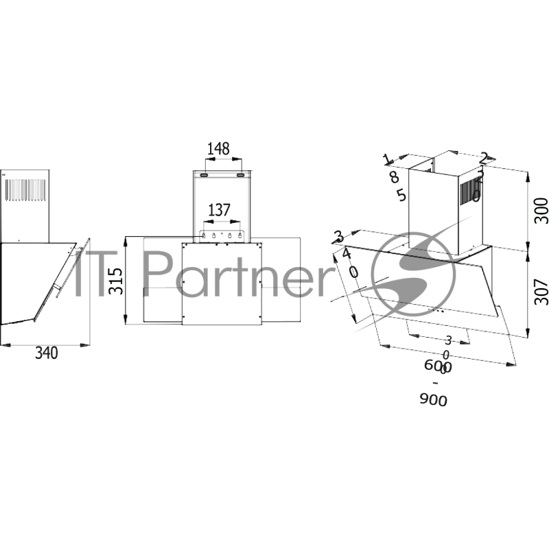 Наклонная вытяжка, 60 см, электронное управление, сенсорная панель, 3 скорости работы, производительность 950 м?/ч, LED освещение, черный, металл, стекло, 600х340х380-607 мм.