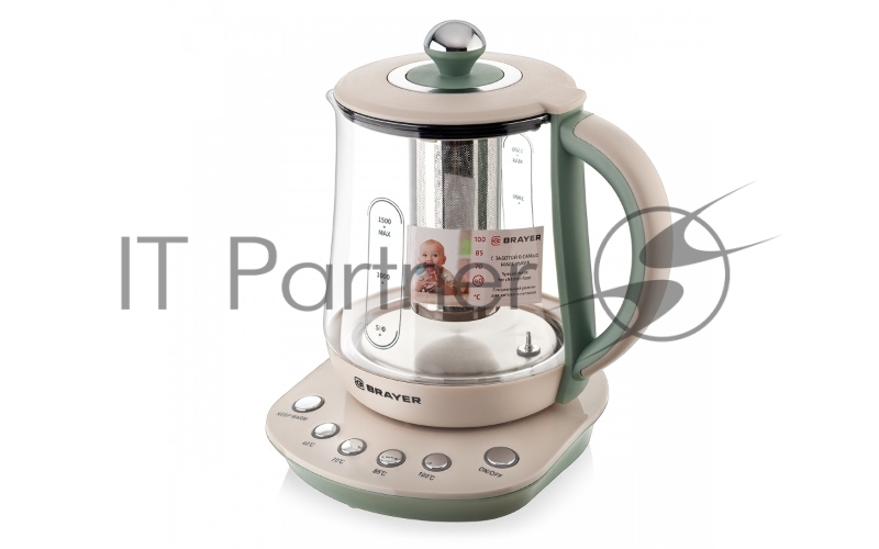 Электрический чайник BRAYER BR1015 2200 Вт,1,5 л, подст, 40-100 °С, завар.чая, стеклян