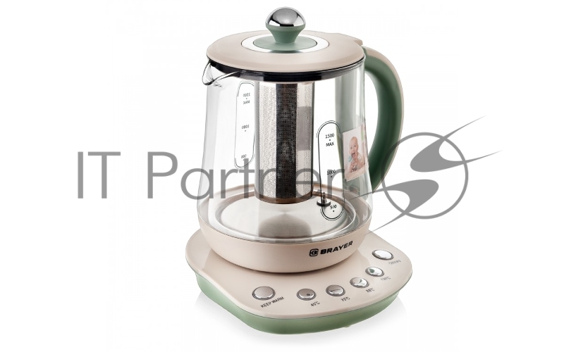Электрический чайник BRAYER BR1015 2200 Вт,1,5 л, подст, 40-100 °С, завар.чая, стеклян