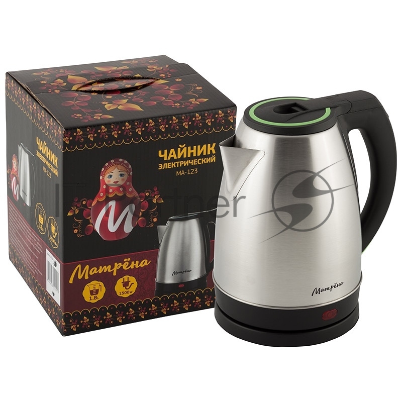 Чайник МАТРЁНА MA-123 электрический (1,8 л) стальной с зелёной ручкой