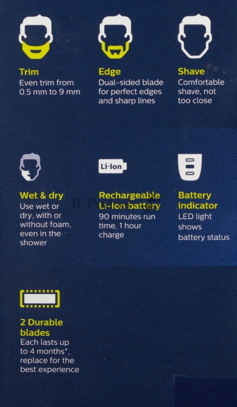 Триммер Philips OneBlade QP6530/16 черный/салатовый 5.4Вт (насадок в компл:2шт)