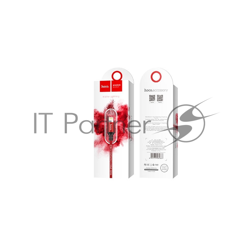 Кабель USB 2.0 hoco X14, AM/Lightning M, черно-красный, 1м