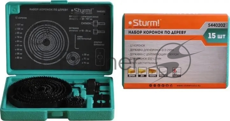 Коронки по дереву Sturm! 5440202 набор 15ед d=19/22/29/32/38/44/51/64/76/8 кейс