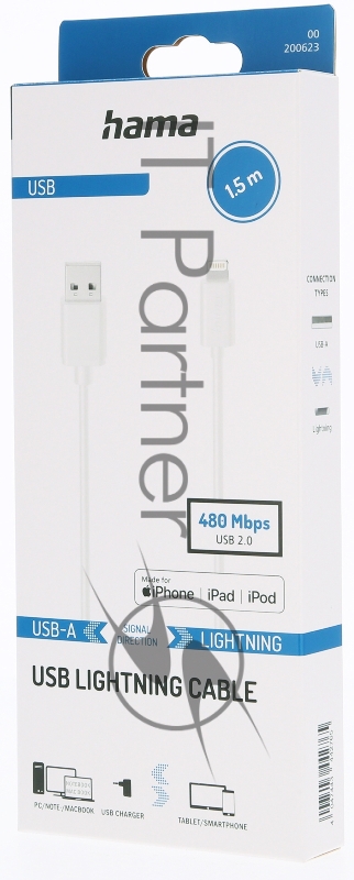 Кабель Hama H-200623 00200623 USB (m)-Lightning (m) 1.5м белый