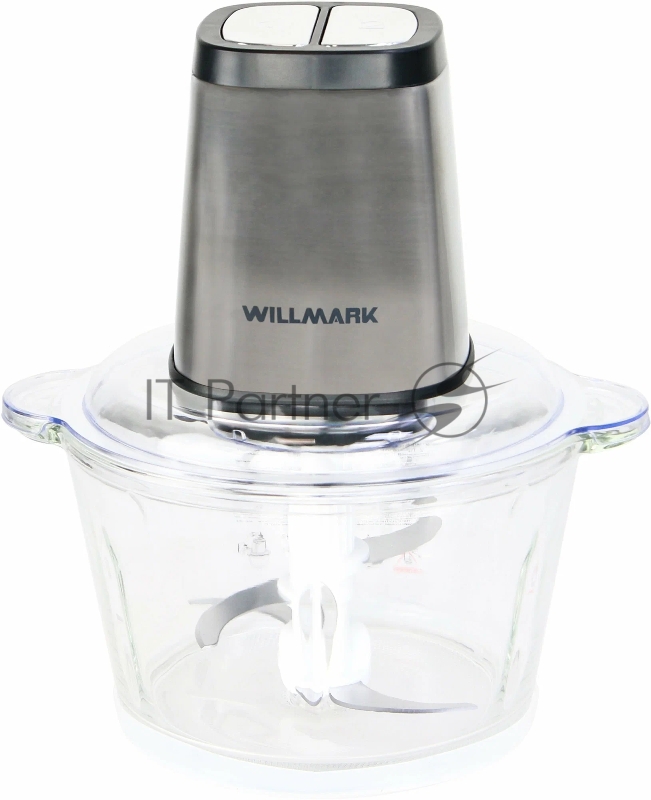 Измельчитель WILLMARK WMC-7288SS (550Вт., стекл. чаша 2л., рез. основ, корпус нержав. сталь, чёрный)