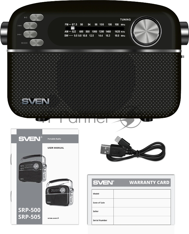 Радиоприёмник чёрный (4 Вт, FM/AM/SW, USB, SD/microSD, Bluetooth, 1200 мАч) SVEN SRP-505