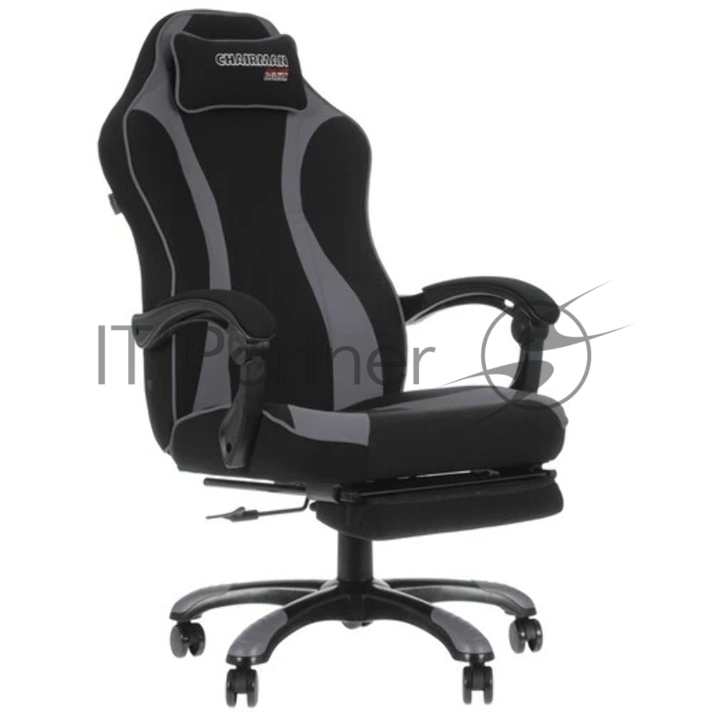 Игровое кресло Chairman game 35 чёрное/серое (ткань, пластик, газпатрон 4 кл, механизм качания, подставка для ног)