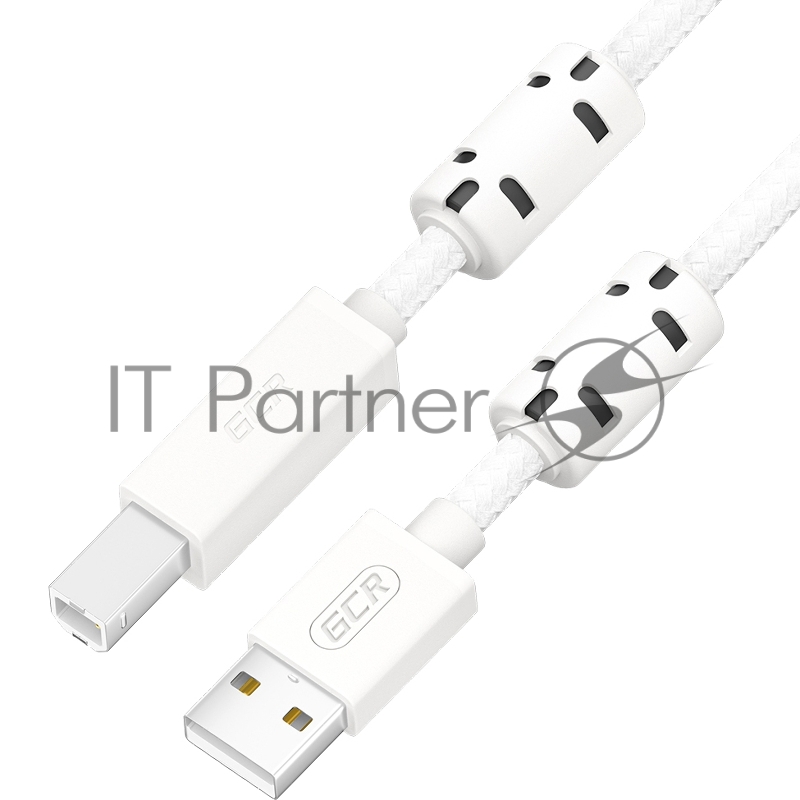 Кабель GCR Premium 1.5m USB 2.0, AM/BM, белый нейлон, ферритовые кольца, 28/24 AWG, экран, армированный, морозостойкий