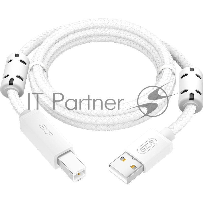 Кабель GCR Premium 1.5m USB 2.0, AM/BM, белый нейлон, ферритовые кольца, 28/24 AWG, экран, армированный, морозостойкий