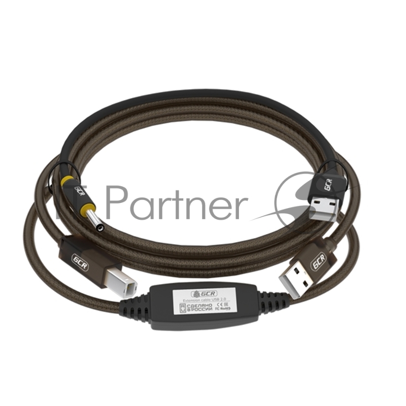 Кабель активный GCR 5.0m USB 2.0, AM/BM, черно-прозрачный, с усилителем сигнала, разъём для доп.питания, 28/24 AWG