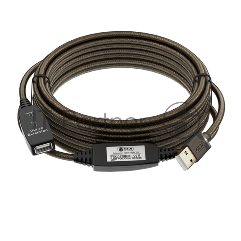 Удлинитель активный GCR 20.0m USB 2.0 AM/AF, GOLD, черно-прозрачный, с 2-мя усилителями сигнала Premium, разъём для доп.питания, 24/22 AWG