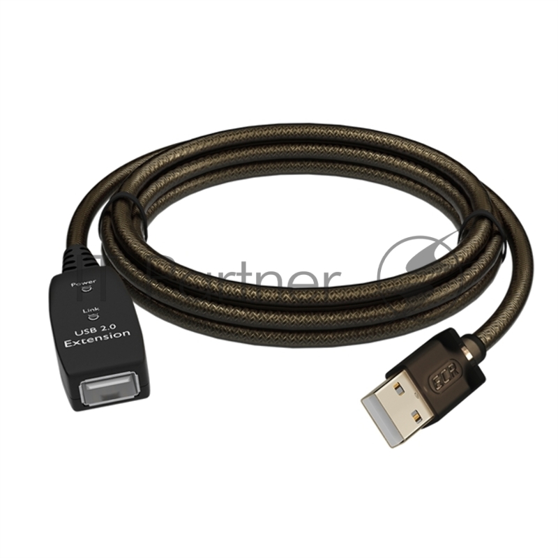 Удлинитель активный GCR 3.0m USB 2.0, AM/AF, GOLD, черно-прозрачный, с усилителем сигнала, разъём для доп.питания, 28/24 AWG