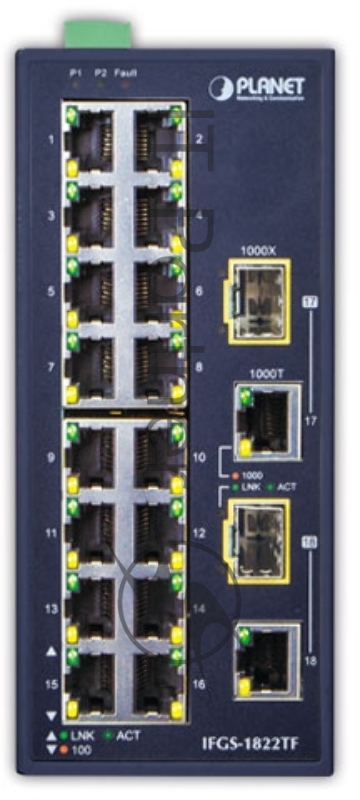Коммутатор PLANET IFGS-1822TF IP30 Industrial 16-Port 10/100TX + 2-Port Gigabit TP/SFP Combo Ethernet Switch (-40~75C, dual redundant power input on 12-48VDC / 24VAC terminal block)