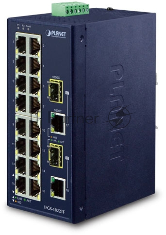 Коммутатор PLANET IFGS-1822TF IP30 Industrial 16-Port 10/100TX + 2-Port Gigabit TP/SFP Combo Ethernet Switch (-40~75C, dual redundant power input on 12-48VDC / 24VAC terminal block)