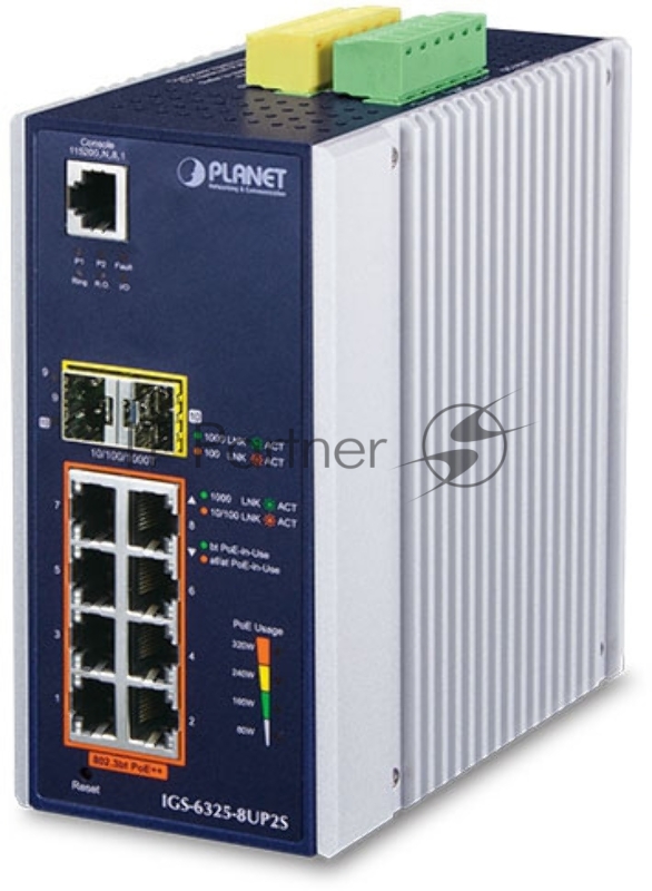 Коммутатор PLANET IGS-6325-8UP2S IP30 DIN-rail Industrial L3 8-Port 10/100/1000T 802.3bt PoE + 2-port 1G/2.5G SFP Full Managed Switch (-40 to 75 C, 8-port 95W PoE++, 802.3bt/PoH/Force modes, dual redundant power input on 48~56VDC terminal block, DIDO