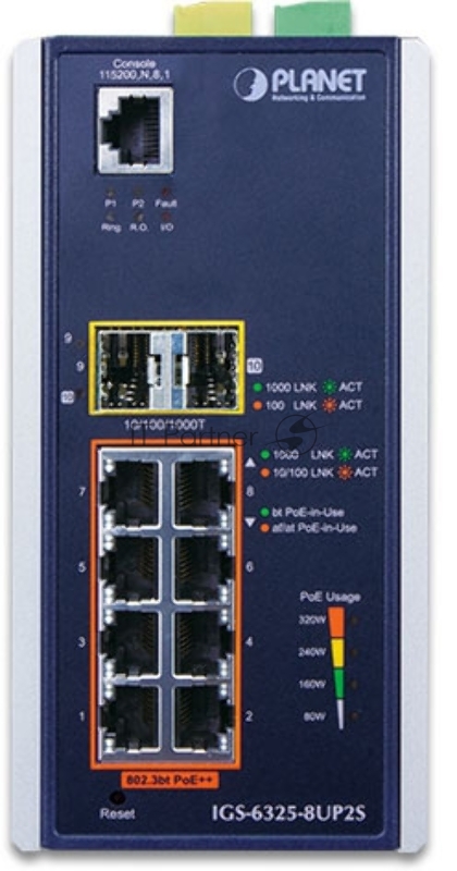 Коммутатор PLANET IGS-6325-8UP2S IP30 DIN-rail Industrial L3 8-Port 10/100/1000T 802.3bt PoE + 2-port 1G/2.5G SFP Full Managed Switch (-40 to 75 C, 8-port 95W PoE++, 802.3bt/PoH/Force modes, dual redundant power input on 48~56VDC terminal block, DIDO