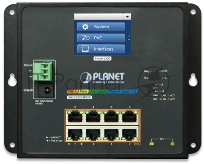 Коммутатор PLANET IP30, IPv6/IPv4, L2+ 8-Port 10/100/1000T 802.3at PoE + 2-Port 1G/2.5G SFP Wall-mount Managed Switch with LCD touch screen (-20~70 degrees C, dual power input on 48-56VDC terminal block and power jack, ERPS Ring, 1588, Modbus TCP, ON