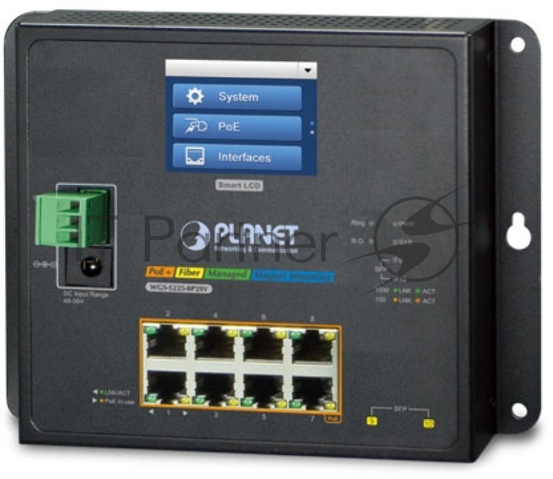 Коммутатор PLANET IP30, IPv6/IPv4, L2+ 8-Port 10/100/1000T 802.3at PoE + 2-Port 1G/2.5G SFP Wall-mount Managed Switch with LCD touch screen (-20~70 degrees C, dual power input on 48-56VDC terminal block and power jack, ERPS Ring, 1588, Modbus TCP, ON