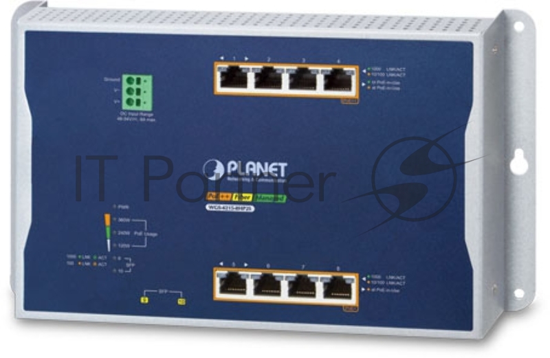 Коммутатор PLANET WGS-4215-8HP2S IP30, IPv6/IPv4, 4-Port 10/100/1000T 802.3bt 95W PoE + 4-Port 10/100/1000T 802.3at PoE + 2-Port 100/1000X SFP Wall-mount Managed Switch (-40~75 C, Max. 360W PoE budget, 250m Extend mode, supports ERPS Ring, CloudViewe