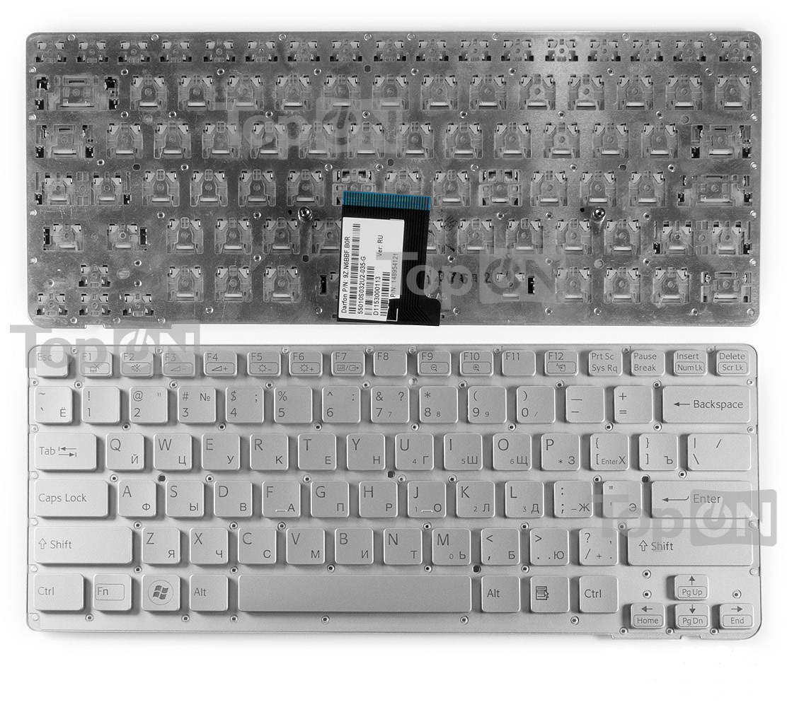 Клавиатура для ноутбука Sony Vaio VPC-CA, VPC-SA Series. Плоский Enter. Серебристая, без рамки. 148953821, 9Z.N6BBF.A0R.