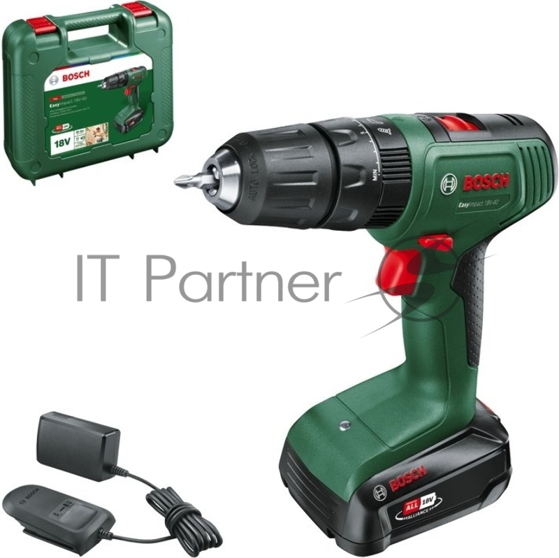 Дрель-шуруповерт Bosch EasyImpact 18V-40 (1x 1,5Ah) + AL18V-20 1200Вт аккум. патрон:быстрозажимной (кейс в комплекте) (06039D8101)