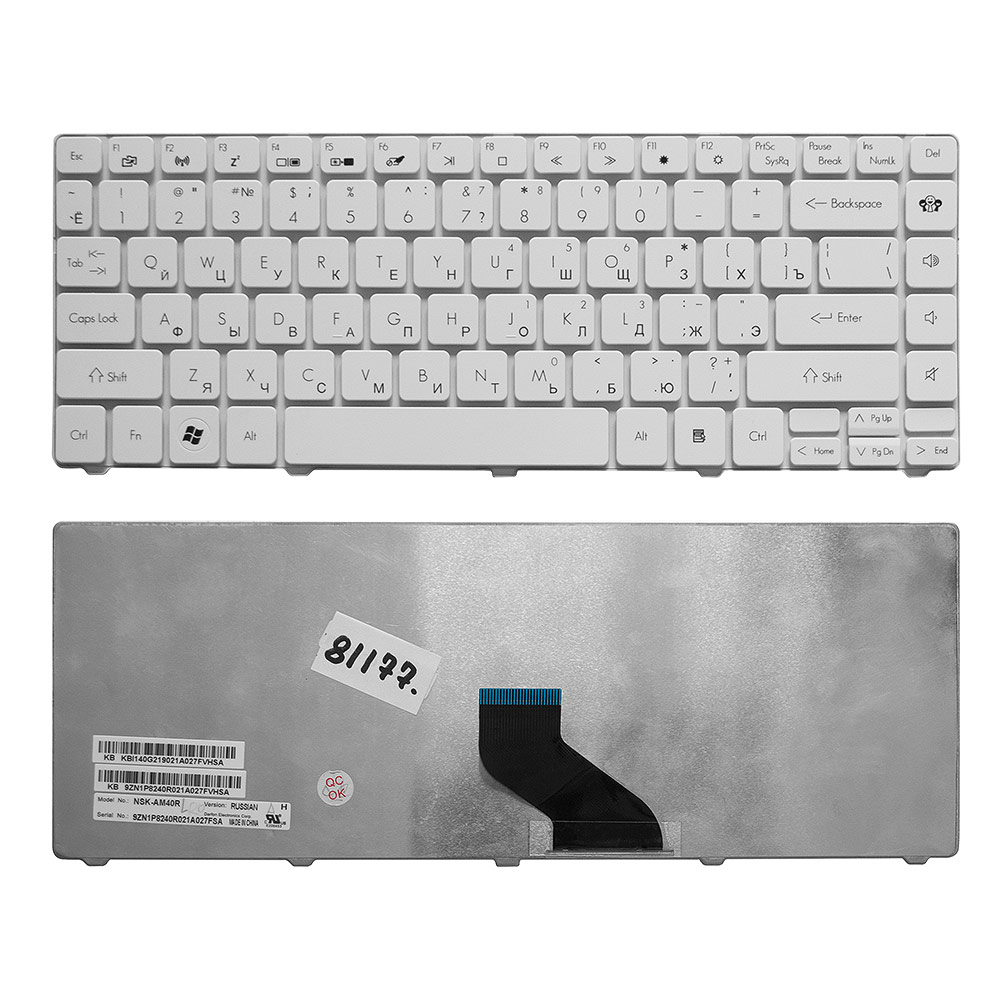 Клавиатура для ноутбука Packard Bell EasyNote NM85, NM87, NX86-JN, NX86-JO, Gateway NV49C Series. Плоский Enter. Белая, без рамки. 6037B0039201.