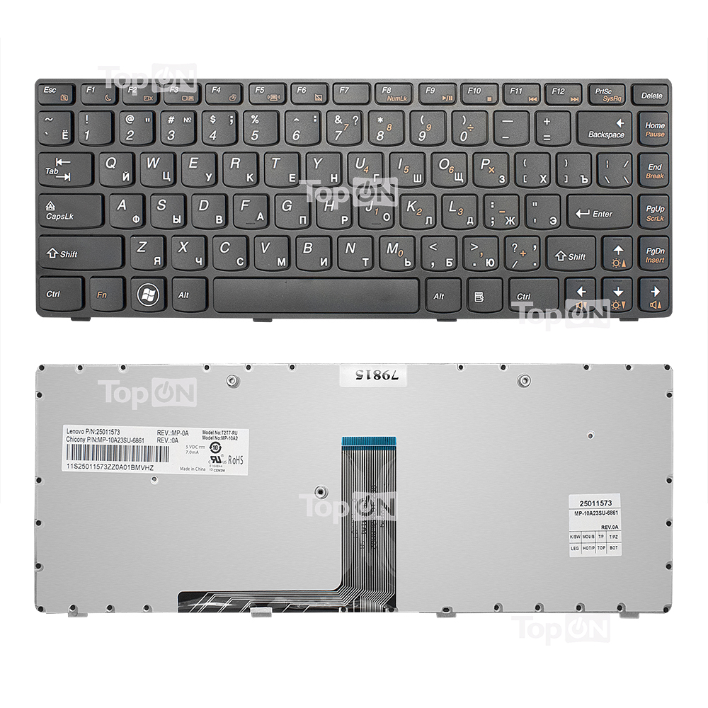Клавиатура для ноутбука Lenovo B470, G470, V470 Series. Плоский Enter. Черная, с черной рамкой. 9Z.N5TSW.B0R, NSK-B6BSW.