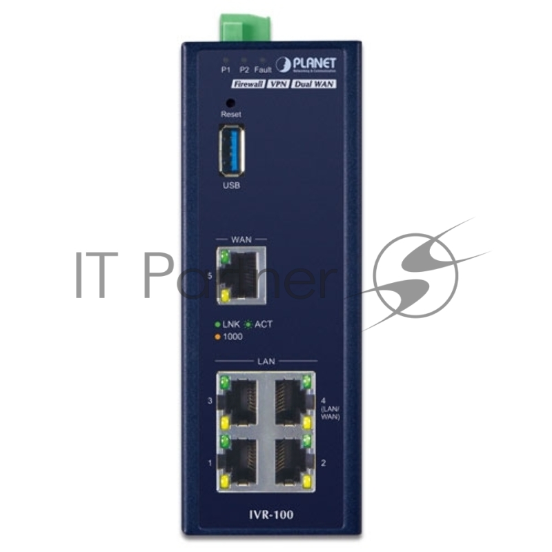Коммутатор PLANET IVR-100 Industrial 5-Port 10/100/1000T VPN Security Gateway: Dual-WAN Failover and Load Balancing, Cyber Security, SPI Firewall, Content Filtering, DoS Attack Prevention, Port Range Forwarding, SSL VPN and robust hybrid VPN (IPSec/G