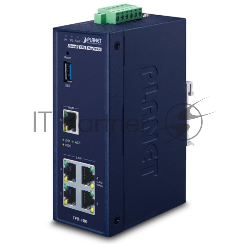 Коммутатор PLANET IVR-100 Industrial 5-Port 10/100/1000T VPN Security Gateway: Dual-WAN Failover and Load Balancing, Cyber Security, SPI Firewall, Content Filtering, DoS Attack Prevention, Port Range Forwarding, SSL VPN and robust hybrid VPN (IPSec/G