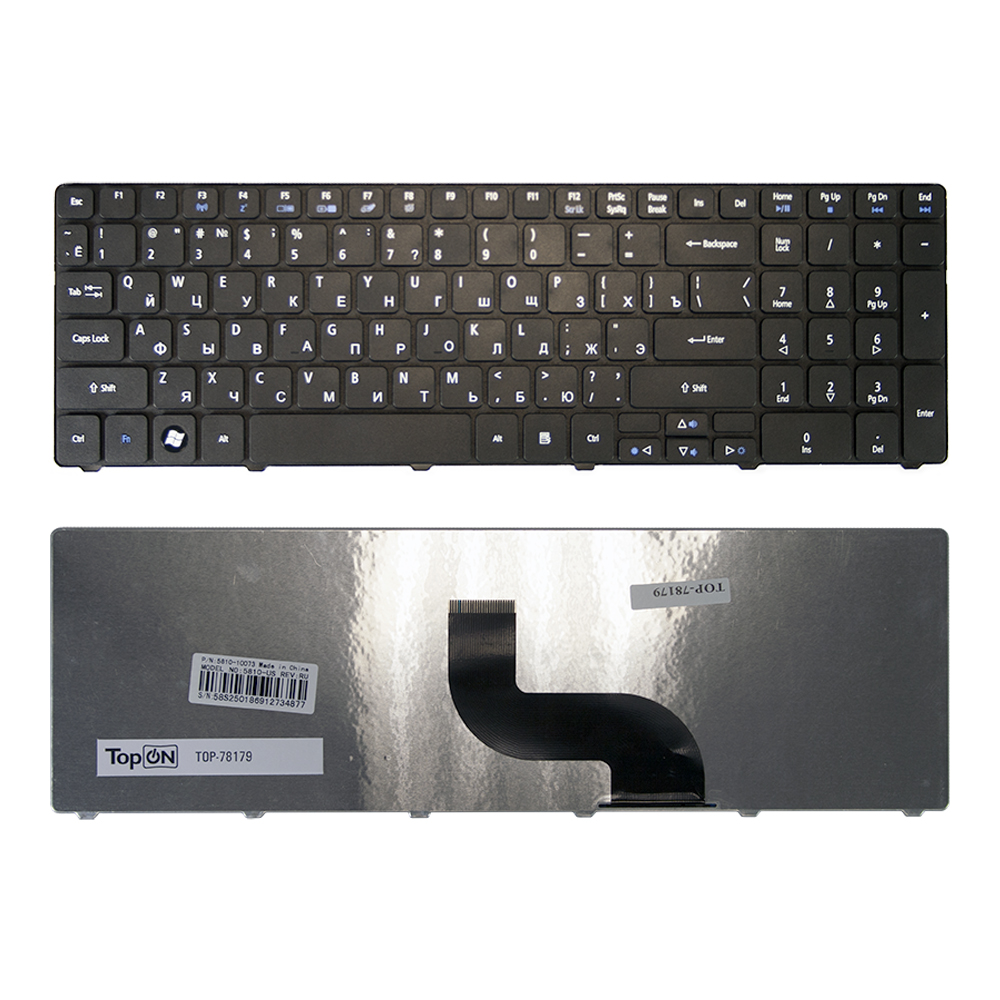 Клавиатура для ноутбука Acer Aspire 5810, 5810T, 5410T, 5820TG, 5536, 5738, 5739, 5551 Series. Плоский Enter. Черная, без рамки. NSK-AL10R.