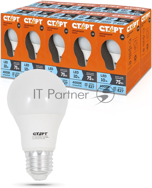 Лампа светодиодная Старт ECO LEDGLSE27 10W 40 10Вт цок.:E27 груша 220B 4000K св.свеч.бел.ней. A60 (упак.:10шт) (14824)