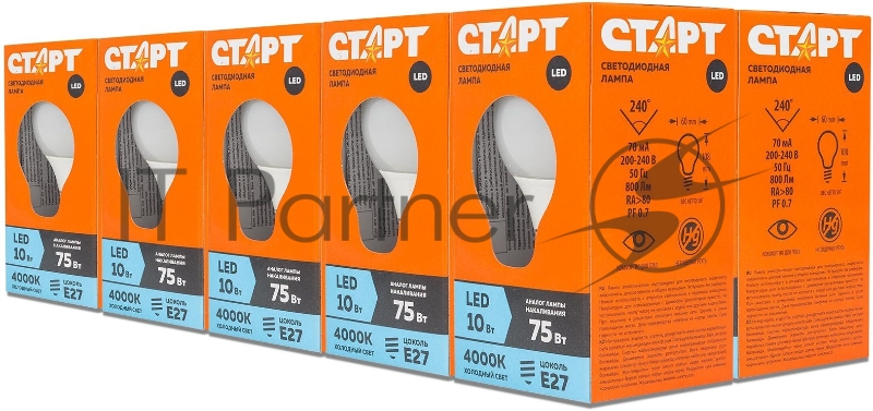Лампа светодиодная Старт ECO LEDGLSE27 10W 40 10Вт цок.:E27 груша 220B 4000K св.свеч.бел.ней. A60 (упак.:10шт) (14824)