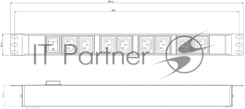 Hyperline SHE19-8IEC-S-IEC Блок розеток для 19 шкафов, горизонтальный, с выключателем с подсветкой, 8хIEC 320 C13, 10A, 250В, без кабеля питания, входная розетка IEC 320 C14, 482.6x44.4x44.4мм(ДхШхВ)