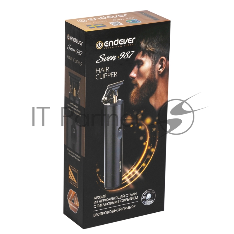 Машинка для стрижки волос Endever Sven-987, Аккумуляторная, лезвие с титановым напылением, движущееся керамическое лезвие, 90 минут непрерывной работы