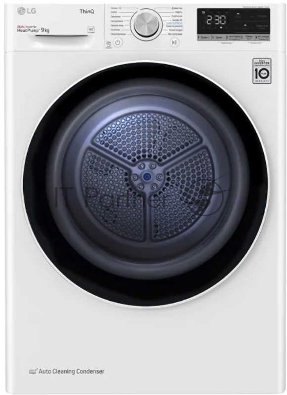 Сушильная машина LG Electronics c тепловым насосом и автоочисткой конденсатора, 9кг, A++, 850х600х690 мм, инвертерный компрессор, белый