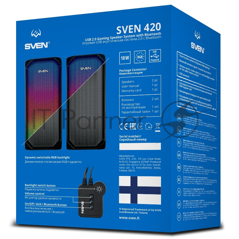 Колонки Sven 420 2.0 чёрные (2x5W, USB, Bluetooth, RGB подсветка, ПДУ)
