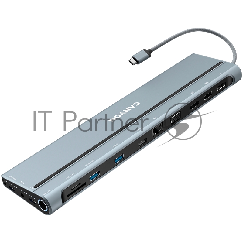 Хаб Canyon 14 in 1 hub, with Type C female *2,Type C male *1:max 10Gbps,USBA*3:max 10Gbps,DP*1,VGA*1,SD card slot*1,TF card slot*1,Audio 3.5 audio*1,HDMI*2,RJ45*1,cable length 0.20m,Aluminum alloy housing,76*22.5*301mm,Dark grey
